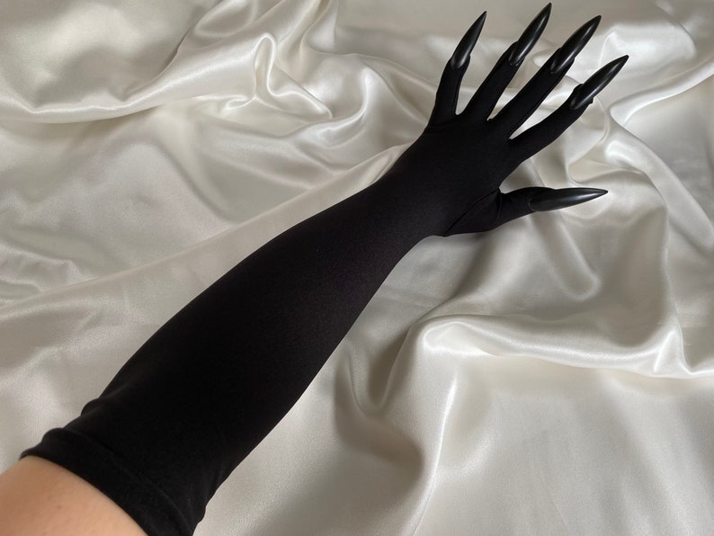 Extreme statement gothic MATTE BLACK nails performance drag singer elbow length bridal gloves, cosplay costume sexy gloves, party outfit image 1
