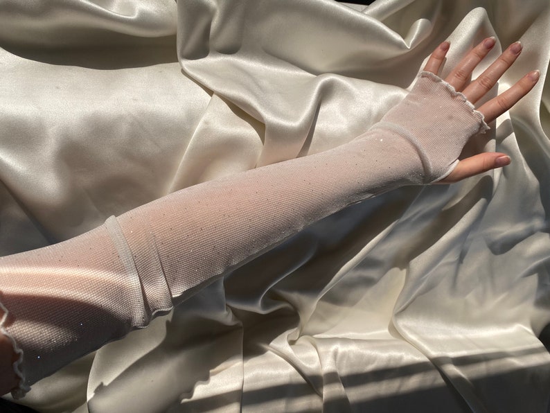 WHITE Glitter Mesh Thumb Hole Sleeves Gloves Long Fingerless Etsy