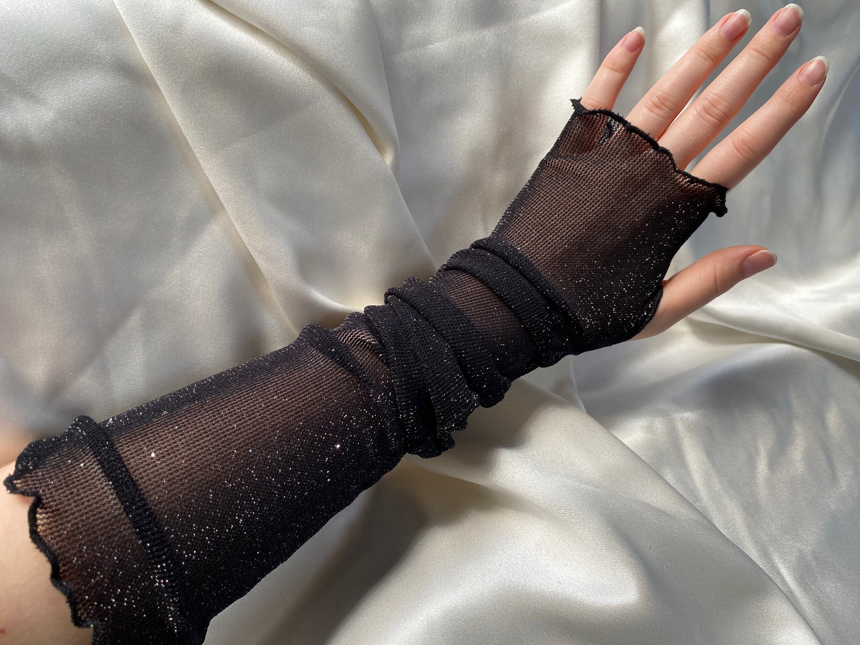 Black Sheer Gloves Wrist Ruffle - Flower Design, Glitter Accent - Party Dress Up