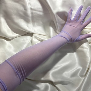 LILAC PURPLE opera over elbow length semi sheer gloves, long bridal cosplay costume gloves hen party outfit hen do dress tights stretch