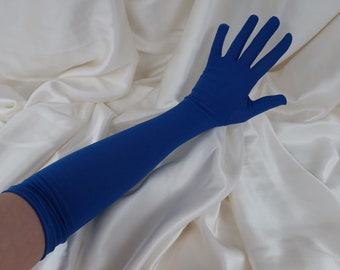 Blue matte smooth soft long gloves opera length elbow wedding hen do bride to be cosplay dress up glove bridal Halloween perform wow