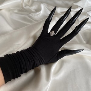 Extreme statement gothic MATTE BLACK nails performance drag singer elbow length bridal gloves, cosplay costume sexy gloves, party outfit image 2