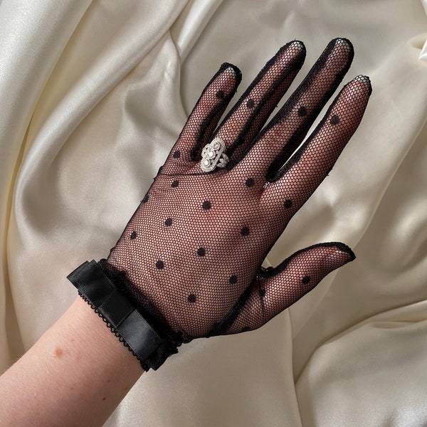 Gants de mariée en maille à pois longueur poignet BLACK POLKA, gants transparents courts, gants de costume cosplay, tenue de fête pour mariage