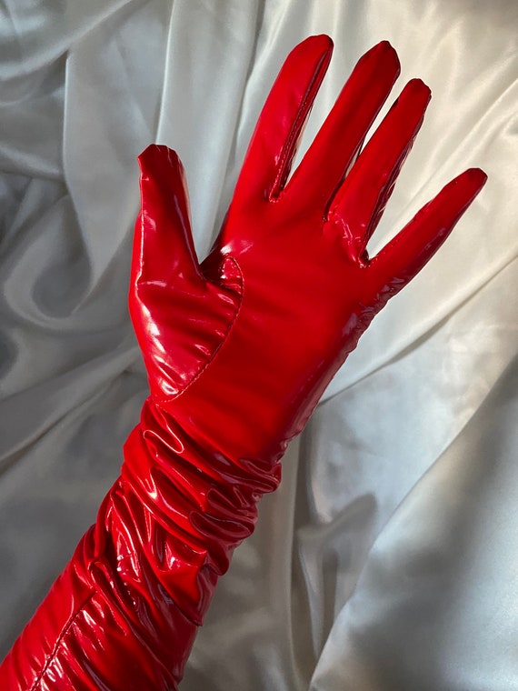 RED PATENT Pvc Vinyl Gloves Alt Patent Faux Leather Extreme Length
