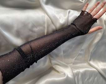 BLACK glitter mesh thumb hole sleeves gloves, long fingerless, sheer cosplay costume gloves hen party outfit gothic goth arm cover