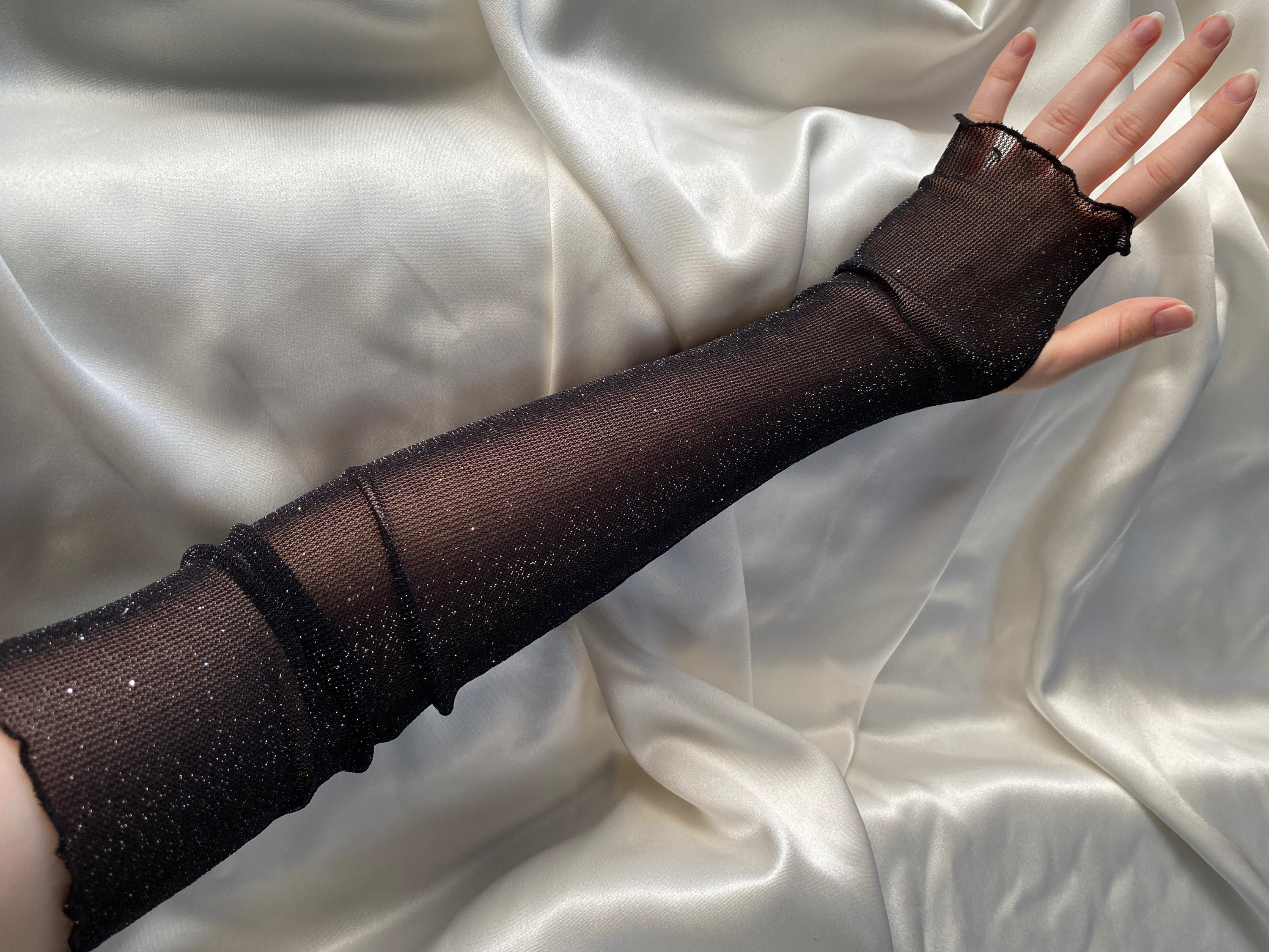 Black Sheer Gloves Wrist Ruffle - Flower Design, Glitter Accent - Party Dress Up
