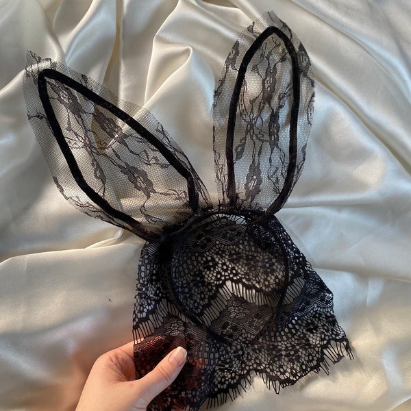 Lace bunny headband face mask Alice hair band rabbit ears fancy dress up costume Ariana burlesque dancer sexy accessories lingerie dress up