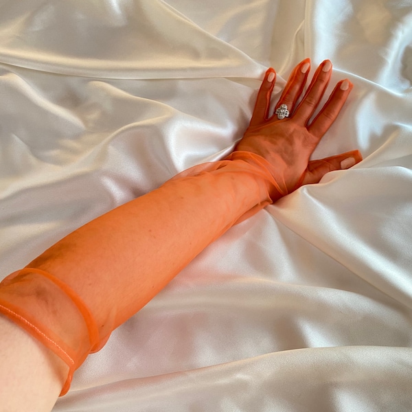 Gants de longueur opéra en tulle tulle ORANGE, gants de mariée longs en maille, gants de costume de cosplay transparent, tenue de fête de poule