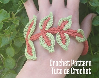 TUTORIEL DE CROCHET: Bracelet de Paume (Parure de Main) Crocheté en Forme de Branche de Feuilles avec bague pour Femmes