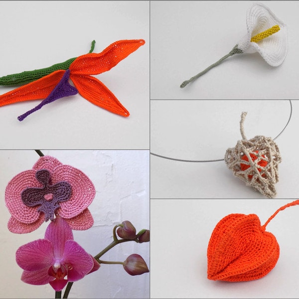 5 TUTORIELS DE CROCHET Fleurs de Strelitzia, Orchidée, Calla ou Arum, Physalis Crochetées pour la Déco