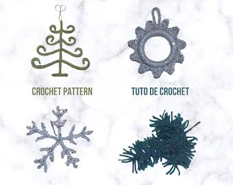 Puede incluir: Cuatro adornos de ganchillo: un árbol de Navidad verde con el texto "CROCHET PATTERN", un sol gris con el texto "TUTO DE CROCHET", un copo de nieve plateado y una pieza con flecos verde oscuro. Todos se muestran sobre un fondo de mármol.