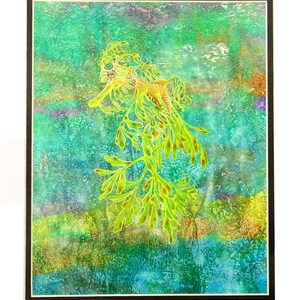 May include: A colourful watercolour painting depicting a leafy seadragon. The seadragon is a vibrant lime green and yellow, with detailed features. The background is a textured mix of blues, greens, and yellows, evoking an underwater scene.