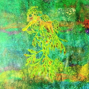 May include: A colourful illustration of a leafy seadragon against a textured background. The seadragon is yellow and green, with detailed, leaf-like appendages. The background features shades of green, blue, and hints of red.