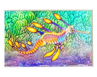 The Vibrant Weedy Sea Dragon. Original painting in acrylic, Japanese water colours and Indian Ink on card.