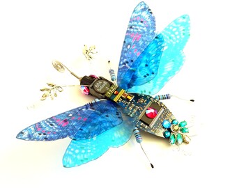 The Blue Jewelled 'Coilcraft' Hummingbird Hawk Moth, Fantasy Insect by Julie Alice Chappell