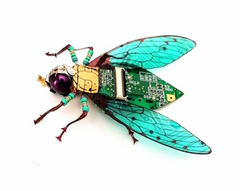 The Turquoise Fly, Fantasy Circuit Board Insect by Julie Alice Chappell