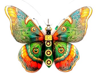 The Golden Spotted Cyber Butterfly. Upcycled and framed, Circuit Board Insect.