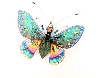 Cyber Butterfly Wall Art: Upcycled Circuit Board Insect, Framed