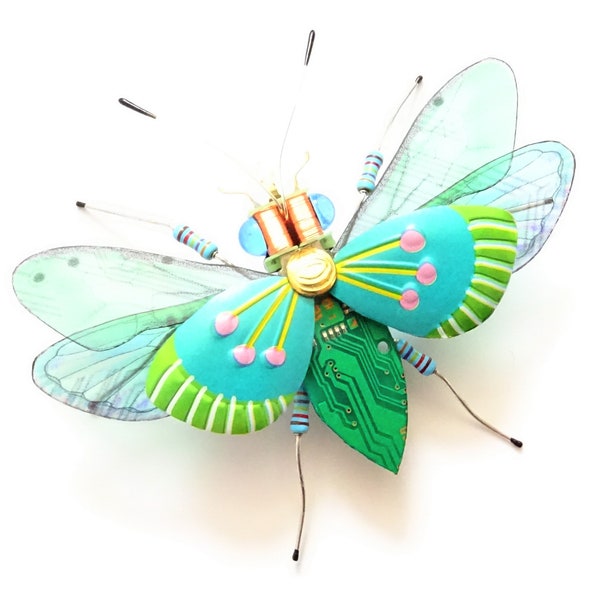 The Blue Glass Eyed Flower Beetle, Embellished Circuit Board Insect by Julie Alice Chappell
