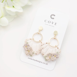 Handmade White Flower Dangle Polymer Clay Earrings for Women by Cove. White Wedding Floral Earrings.