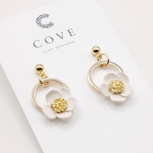 Handmade White Flower Hoop Earrings: 24k Gold Plated, Polymer Clay