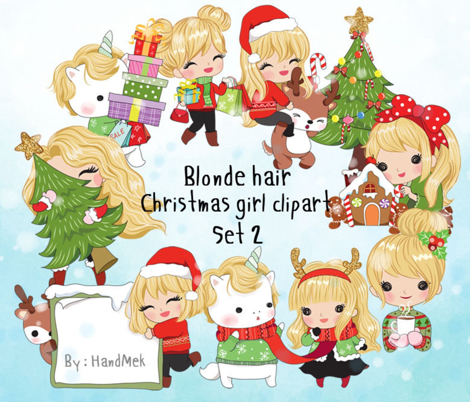 Blonde hair Christmas girl Clip art set 2 instant download PNG | Etsy