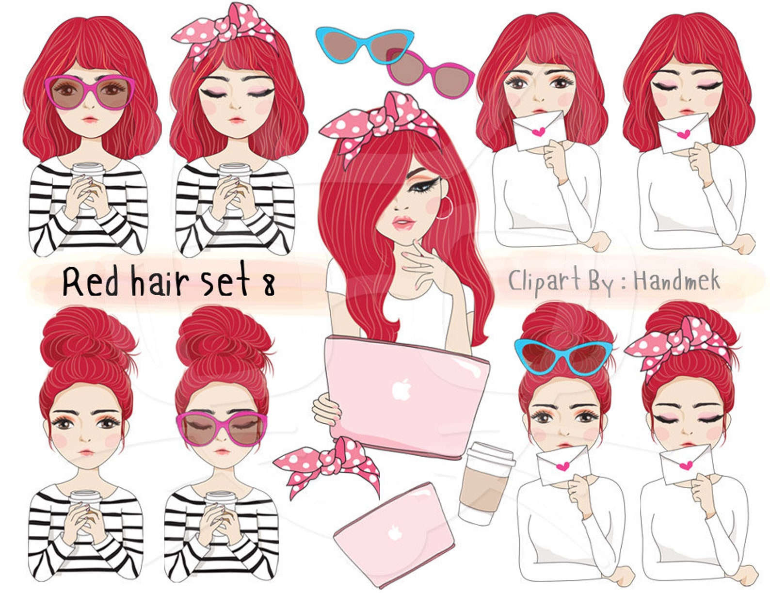Red hair girl Clip art set 8 instant download PNG file 300 Etsy