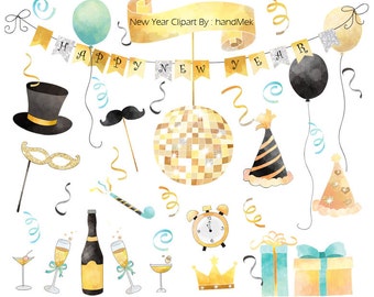 Happy new year water color, New year Clipart Instant Download,PNG file - 300 dpi