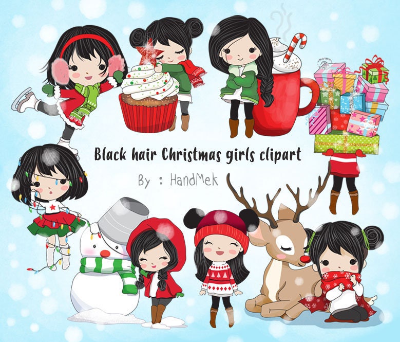 Black hair Christmas girl Clip art instant download PNG file | Etsy