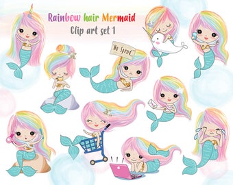 Rainbow hair Mermaid Clip art set 1 , instant download PNG file - 300 dpi
