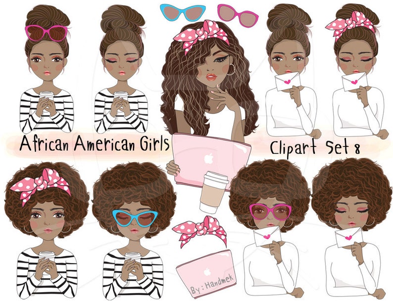 African american girl clip art black girl sticker set 8 etsy