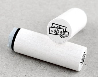 May include: White wooden stamp with a black line drawing of a stack of bills and coins with a euro symbol. The stamp is about 2 inches long.