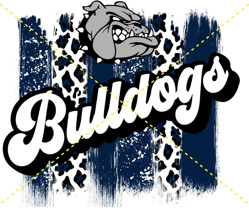 Pu&ograve; includere: Un design grafico blu e bianco con una mascotte di bulldog e la parola "Bulldogs" in un font bianco e nero. Il design ha un aspetto usurato, grunge con uno schema di stampa leopardata.