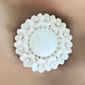 Miriam Haskell White Molded Glass Flowers Brooch, Circa 1950s, Frank Hess Design, Gift for Her