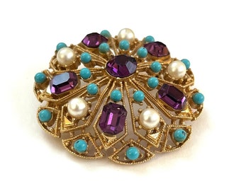 Vintage Circle Brooch Turquoise Purple Faux Pearl