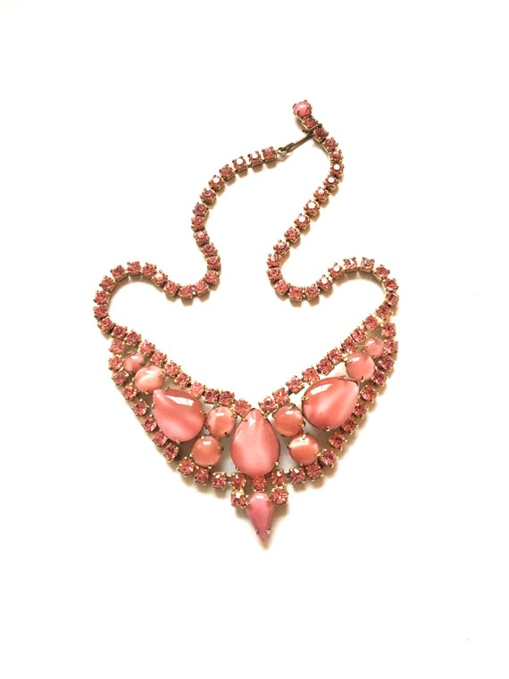 1950's Pink Glass Moonstone and Rhinestone Necklac