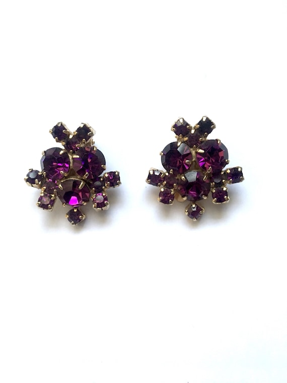 Vintage Purple Jewel Tone Rhinestone Clip-On Earr… - image 1