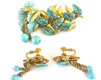 Miriam Haskell Frank Hess 1950's Turquoise Art Glass Floral Brooch and Earrings