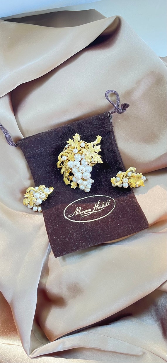 Miriam Haskell Pearl Grape Motif Brooch and Earri… - image 3