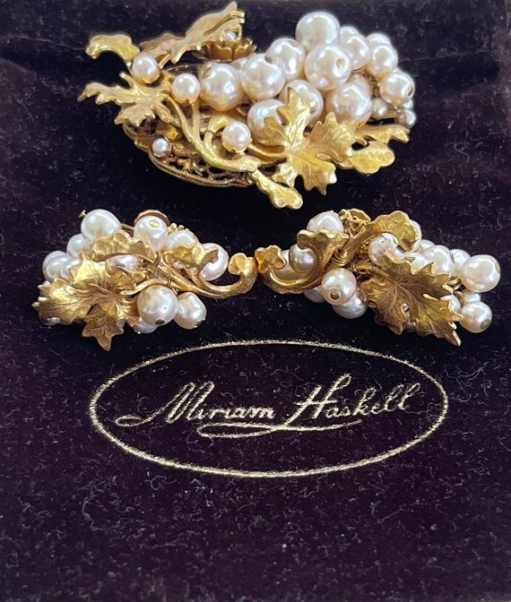 Miriam Haskell Pearl Grape Motif Brooch and Earri… - image 1