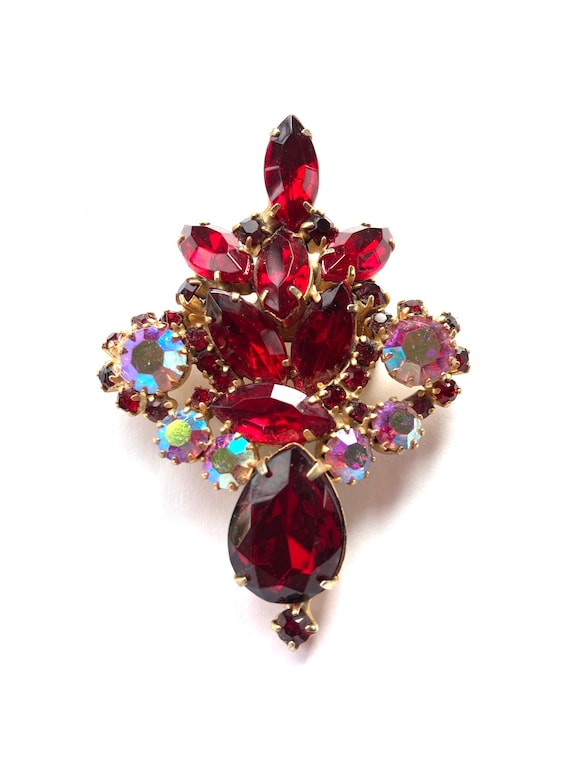 Mid-Century Ruby Red and Aurora Borelis Brooch