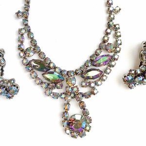 Gorgeous 1950s Sparkly Iridescent Aurora Borealis Necklace and Earring Demi Parure
