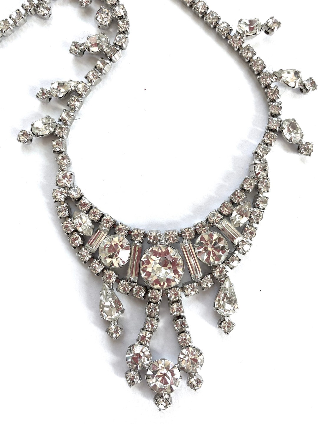 Collier Vintage En Strass Transparent Années 1950 - Parure Ancienne Avec Pendentif, Occasion