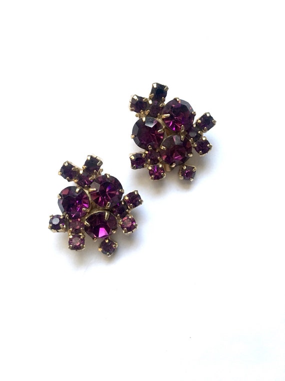 Vintage Purple Jewel Tone Rhinestone Clip-On Earr… - image 2
