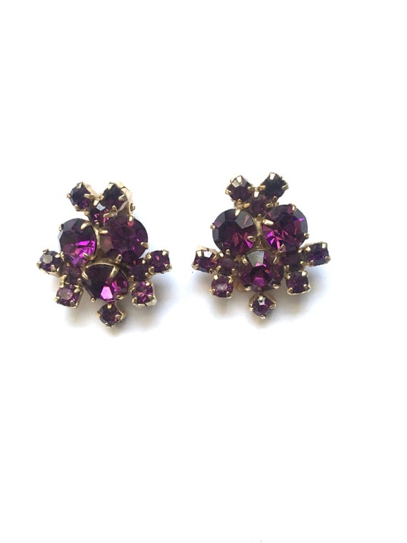 Vintage Purple Jewel Tone Rhinestone Clip-On Earr… - image 3