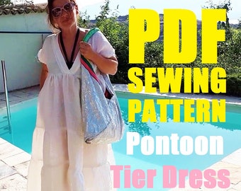 May include: PDF sewing pattern for a white tiered dress called "Pontoon Tier Dress". The pattern is shown on a model wearing the dress by a pool.