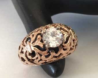 Rose Gold Ring with Cubic Zirconia, Sterling Ring, Filigree Ring