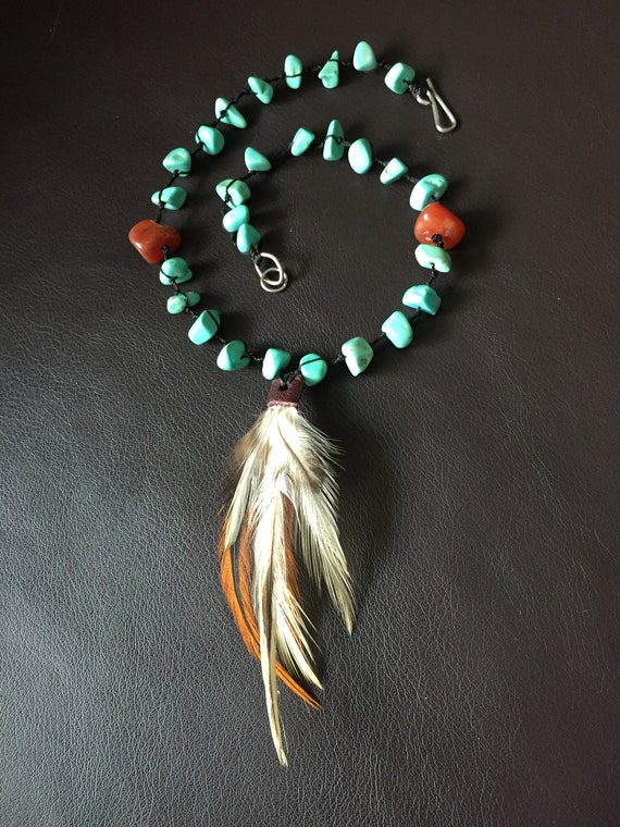 Turquoise Choker, Native American Necklace, Feath… - image 4