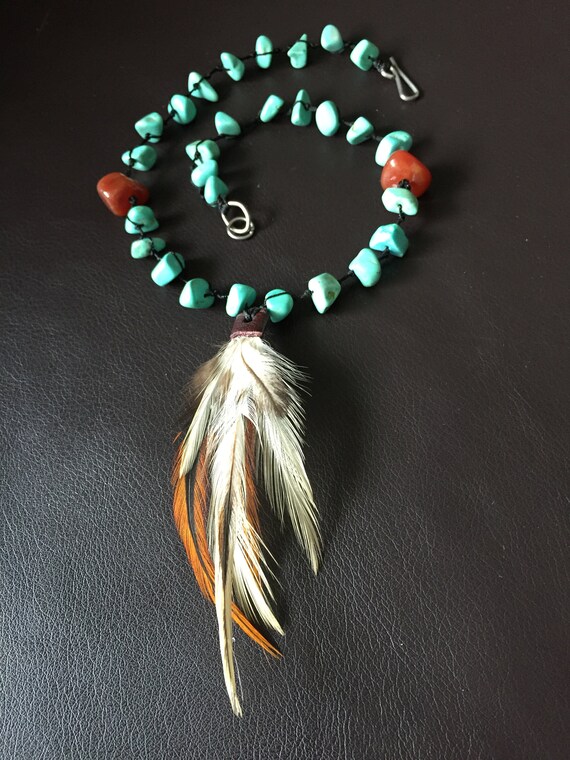 Turquoise Choker, Native American Necklace, Feath… - image 3