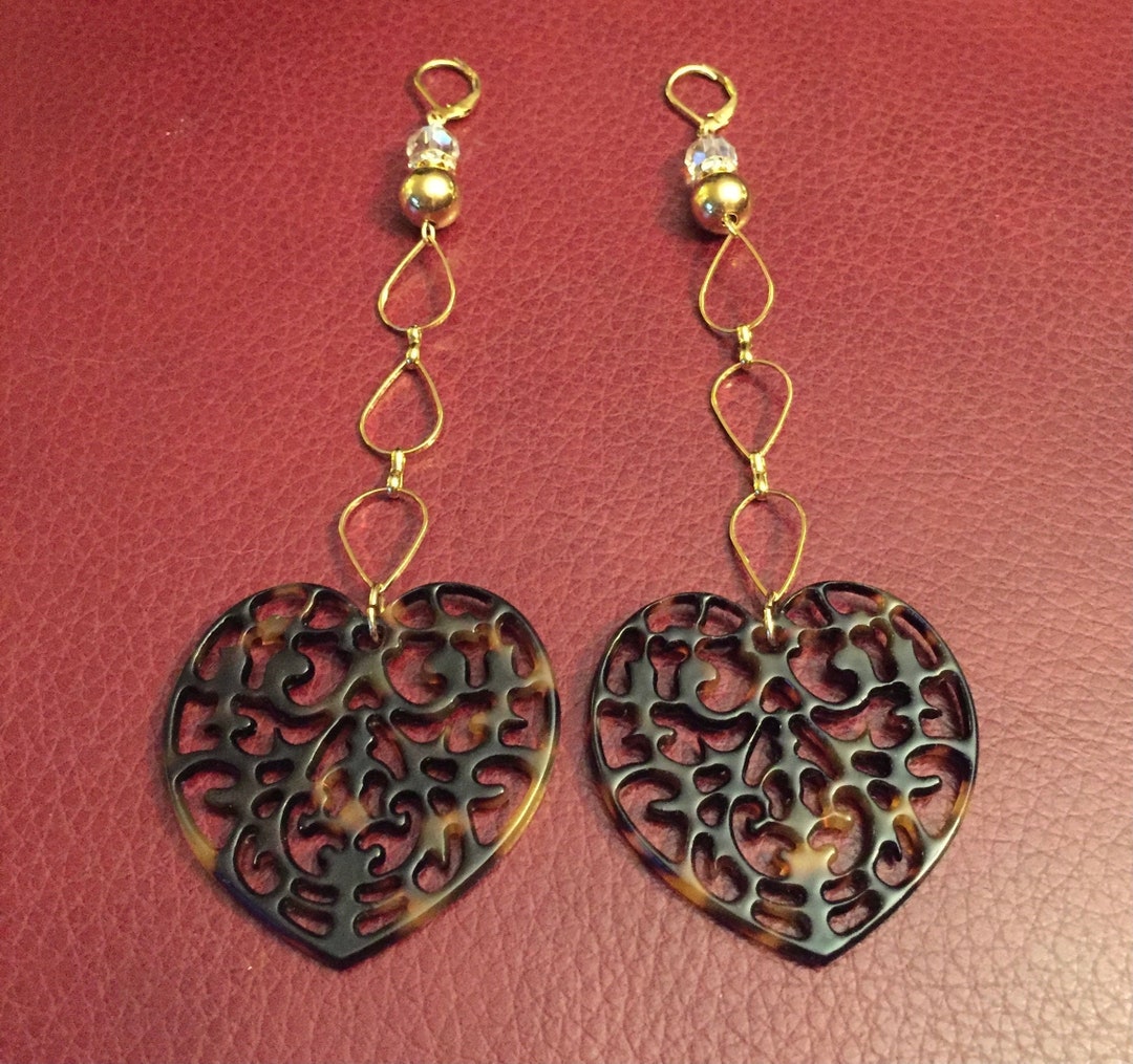 Heart Earrings Gold Heart Earrings Extra Long Earrings Etsy